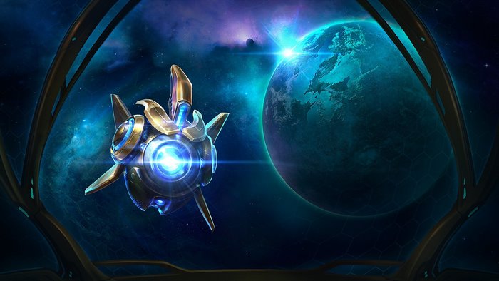 Probius from StarCraft in space with a planet