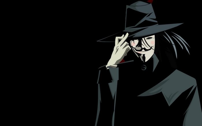 V from V for Vendetta wearing a Guy Fawkes mask and hat