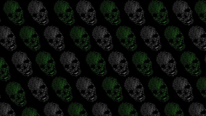 Pattern of green and grey wireframe skulls on black
