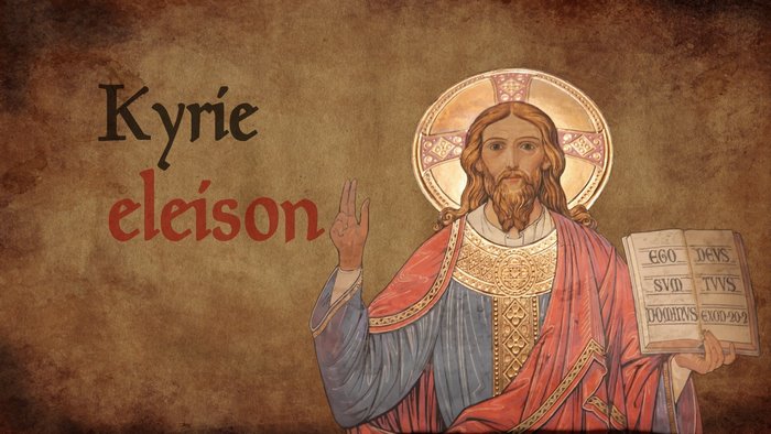 Jesus Christ with Bible and text Kyrie eleison