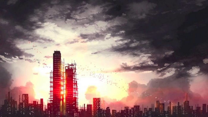 Dark city skyline at sunset with construction