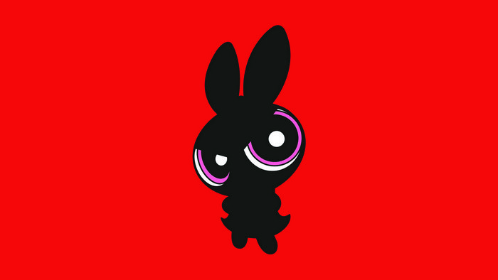 Black bunny character with pink and white eyes on red background