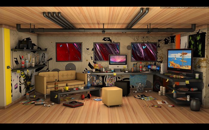 Gamer's room with multiple monitors and couch