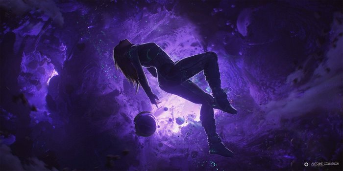 Woman in futuristic suit floating in purple nebula