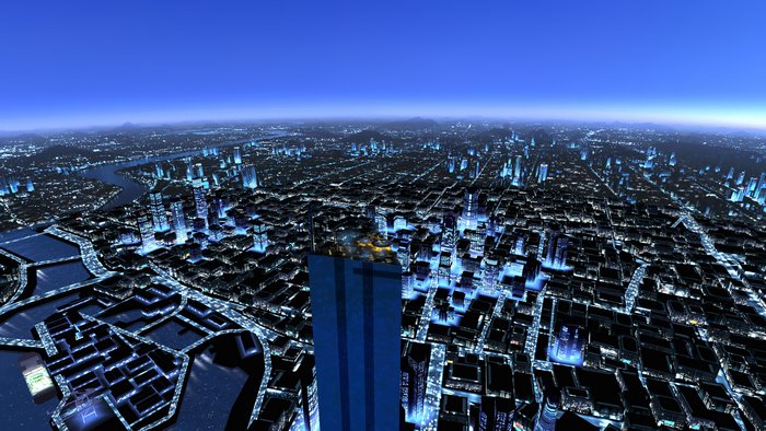 Cityscape at night with futuristic skyscrapers