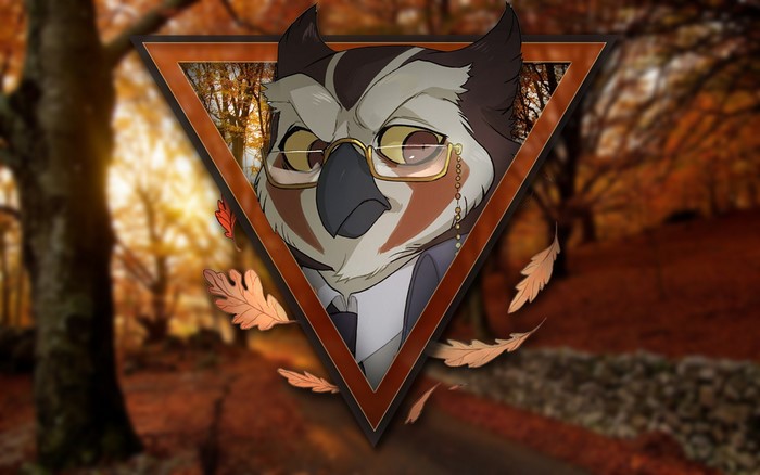 Anthro owl wearing glasses and suit in autumn forest