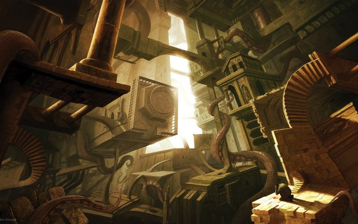 Surreal architecture with tentacles and a lone figure