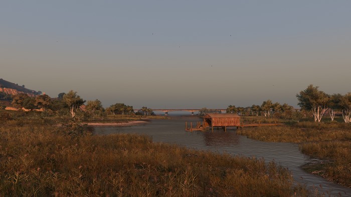 Grand Theft Auto V landscape with bridge and boathouse