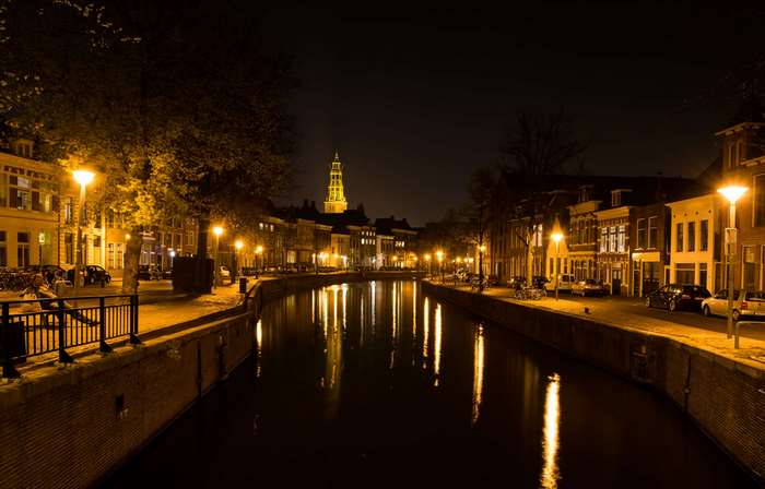 Canal at night in Groningen, Netherlands