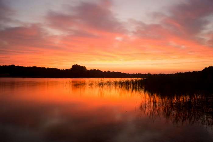 Sunset over a lake with reeds and colorful sky