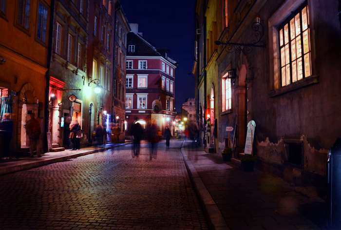Long exposure of a street in an old city at night