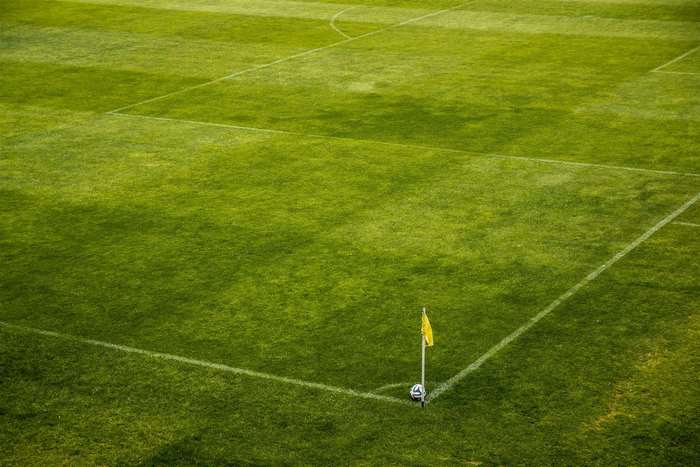 Soccer ball and flag on a grassy field