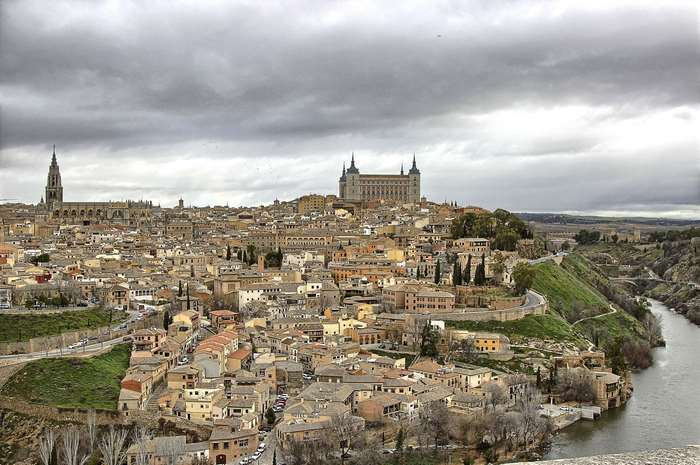 Panoramic view of Toledo, Spain with the Tajo River
