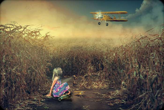 Girl in cornfield with biplane 4K