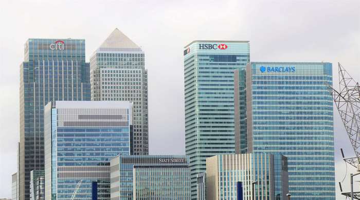 Canary Wharf skyscrapers with Citi, HSBC, and Barclays buildings