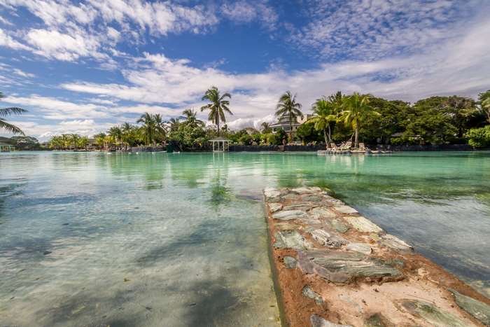 Tropical resort with clear turquoise water and palm trees