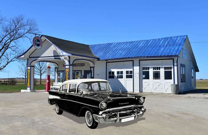 Vintage Chevrolet at an old American gas station