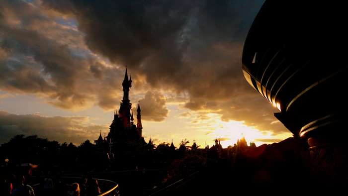 Disneyland Paris castle at sunset 4K