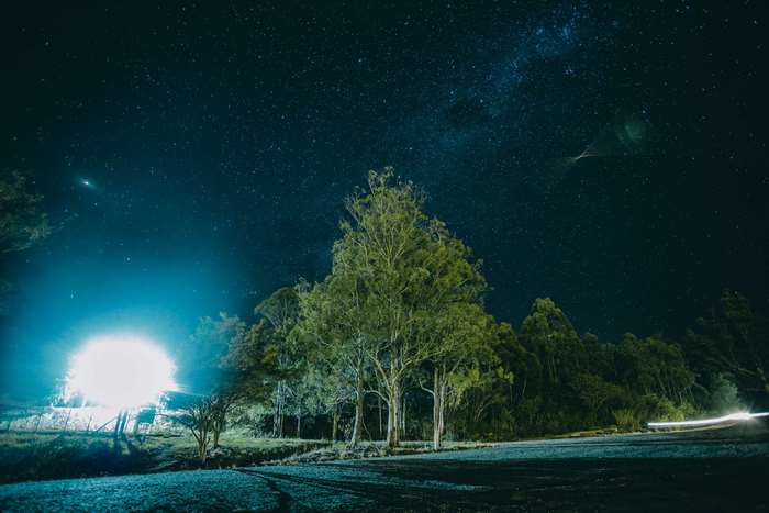 Night sky with Milky Way over trees and light