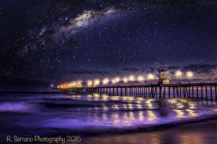 Milky Way over Huntington Beach Pier at Night 4K