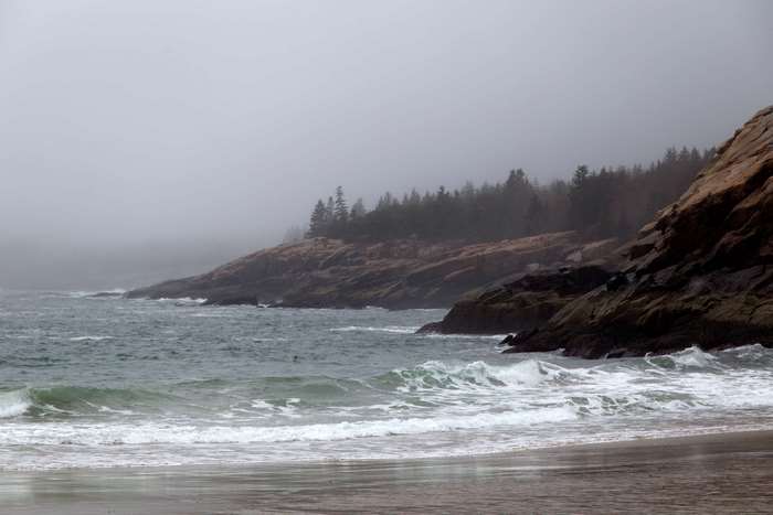 Foggy Coastline with Rocky Shore and Waves