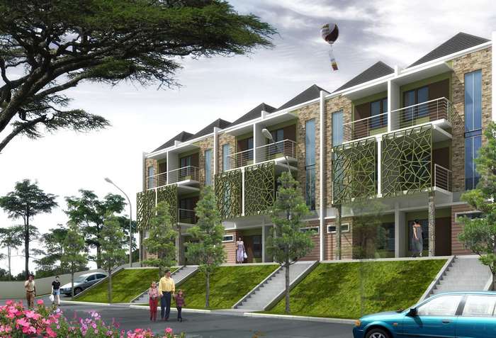 3D rendering of a modern housing complex with a hot air balloon