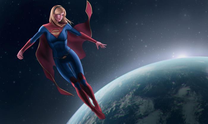 Supergirl flying in space near a planet