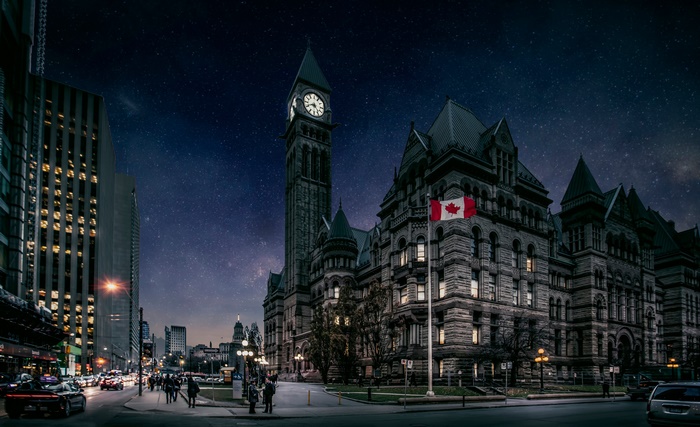Historic Toronto Building with Clock Tower at Dusk