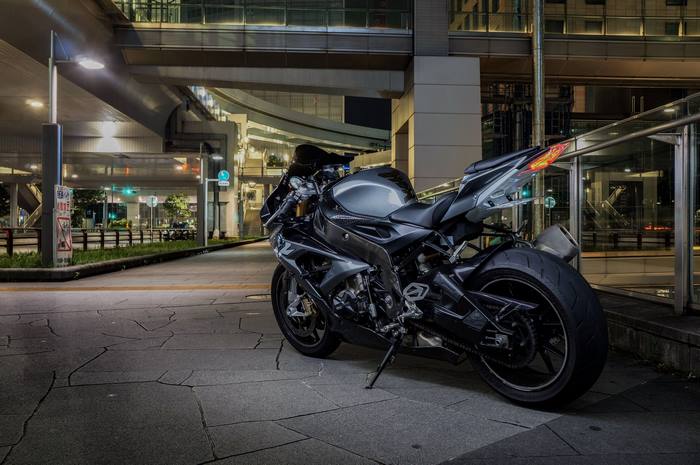 BMW S1000RR motorcycle parked at night