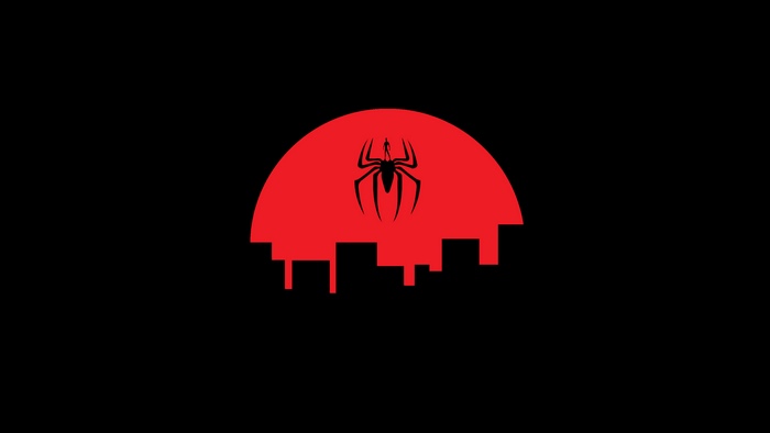 Spider-Man silhouette over city skyline at sunset