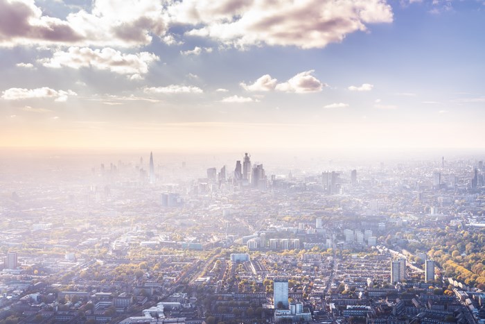 Aerial view of London skyline at sunrise