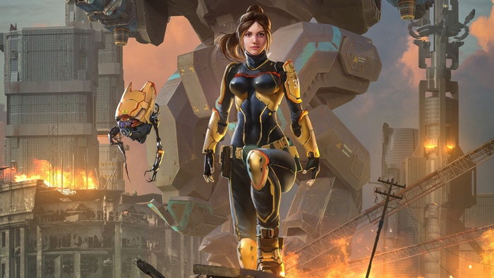 Futuristic Woman with Robot in Burning Cityscape 4K