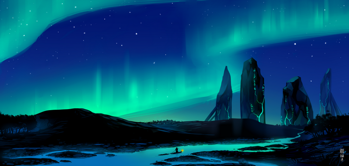 Aurora Borealis over a rocky landscape with a river