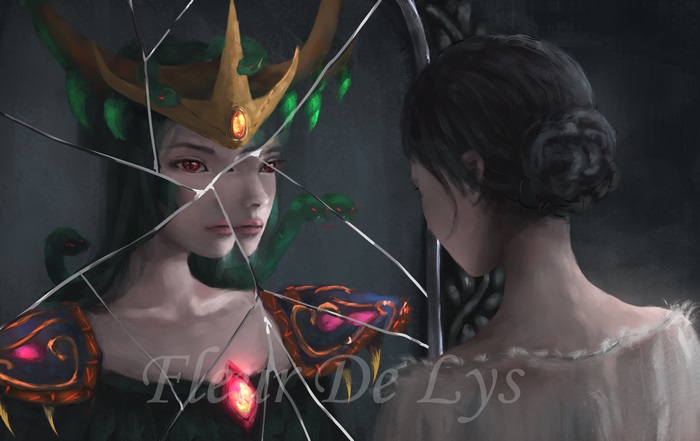 Medusa from Dota 2 reflected in a broken mirror