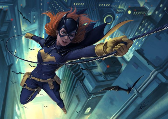 Batgirl from DC Comics swinging through a city
