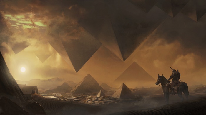 Assassin on Horseback Overlooking Desert Pyramids Origins