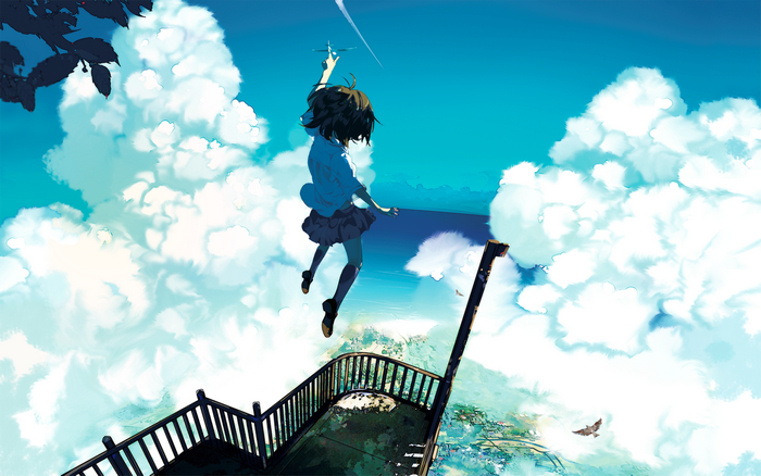 Anime girl jumping from a balcony into the sky