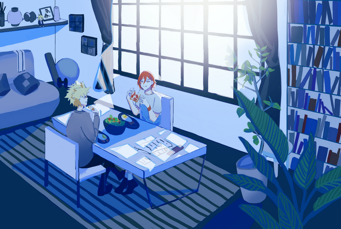 Katsuki Bakugou and Eijiro Kirishima eating breakfast