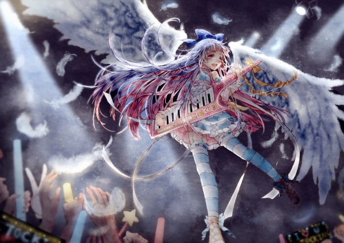 Angel girl playing a keyboard guitar on stage
