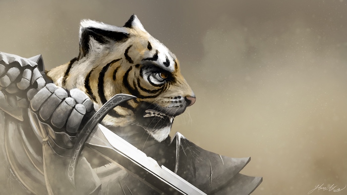 Tiger Warrior in Armor Holding a Sword