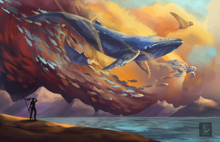 Whale, Manta Ray, Fish, and Turtle in a Surreal Sky