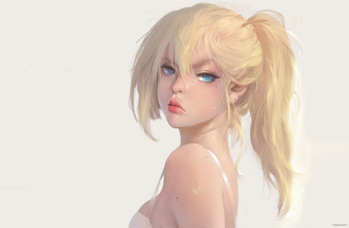 Blonde girl with blue eyes in a ponytail