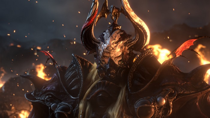 Final Fantasy XIV: Shadowbringers character with horns and fire