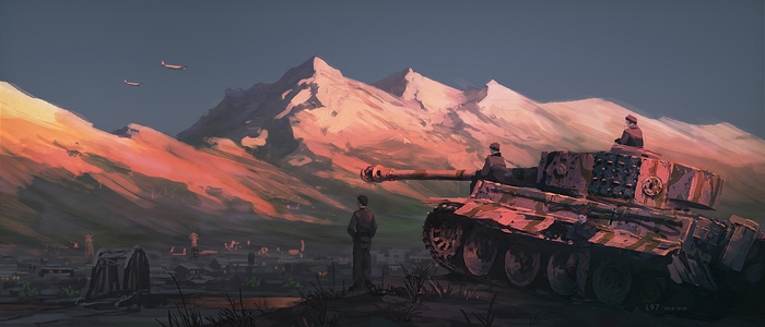 Sunset Battlefield with Tiger Tank and Soldiers