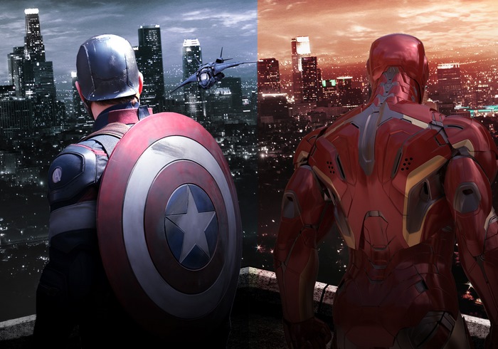 Captain America and Iron Man overlooking a city