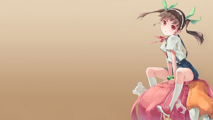 Mayoi Hachikuji sitting on a large pink object