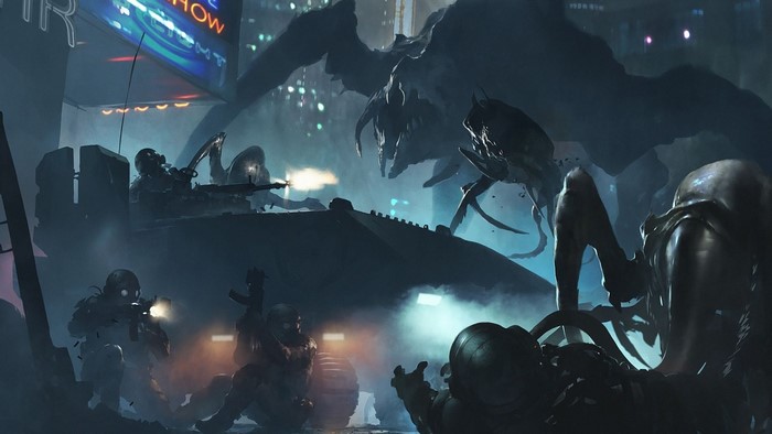 Soldiers fight alien creatures in a futuristic city