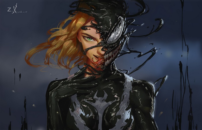Venom Symbiote merging with a blonde woman