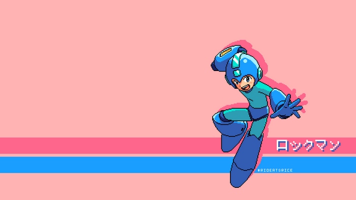 Mega Man pixel art with Japanese text