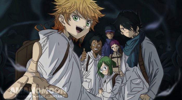 The Promised Neverland characters Emma, Ray, and friends